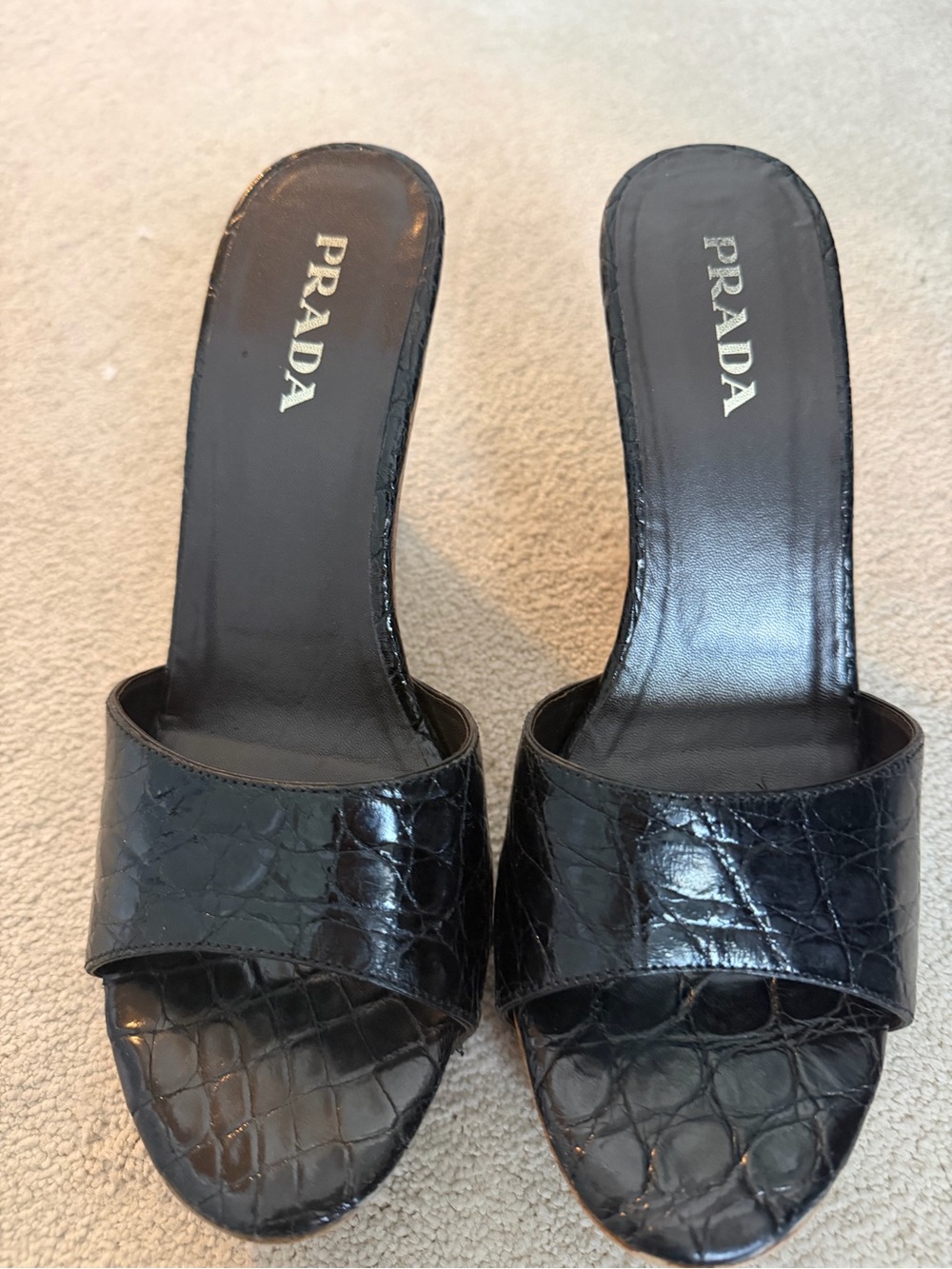 Prada Black Leather Wedge Sandals with Wooden Heel - Picture 3 of 5